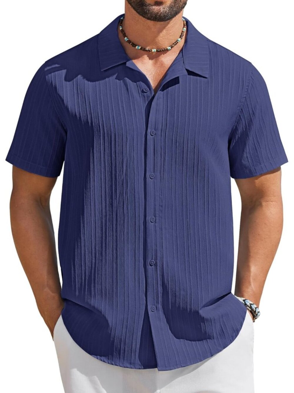 Men's Navy Blue Short Sleeve Casual Button Down Textured Summer Beach Shirt